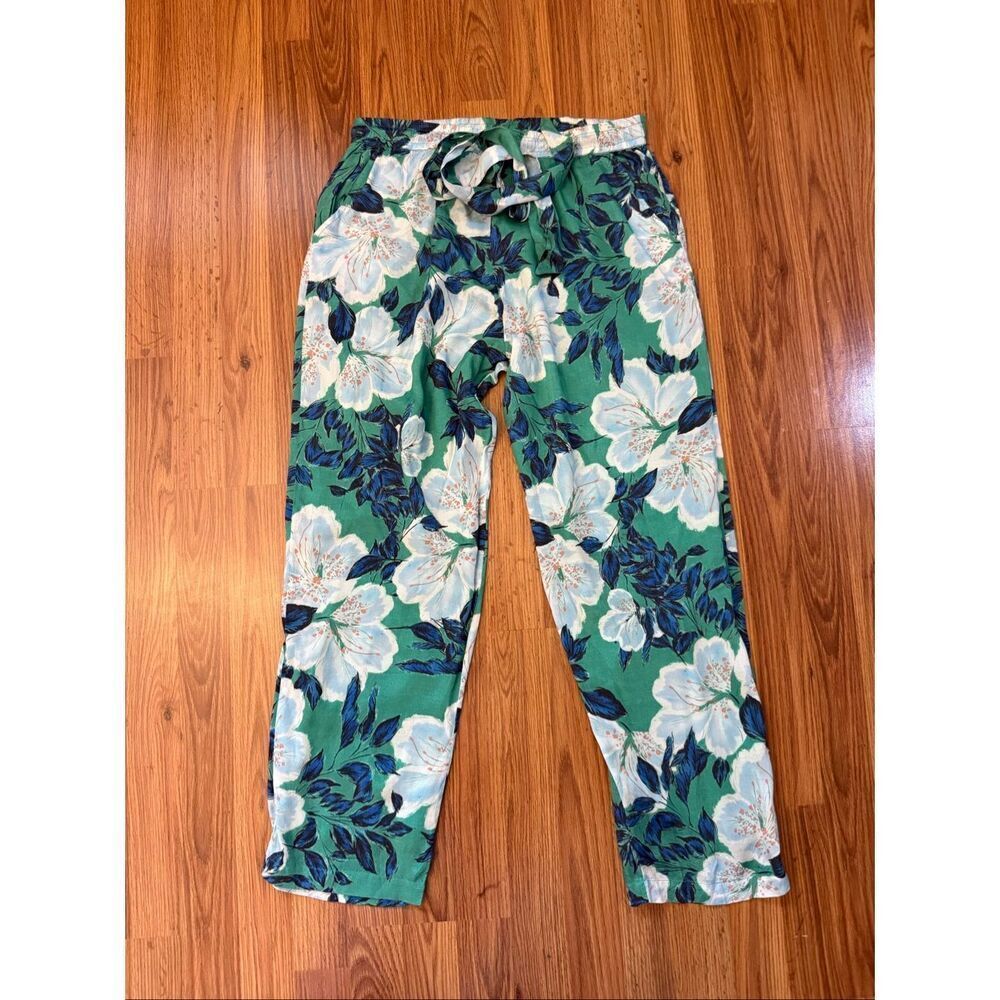 Roller Rabbit Women's Floral Print Drawstring Trouser Pants Green White Large